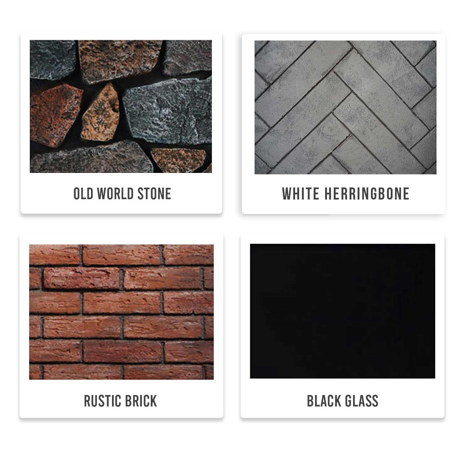 Fireplace surround finish swatches showing stone, herringbone, brick, and black glass