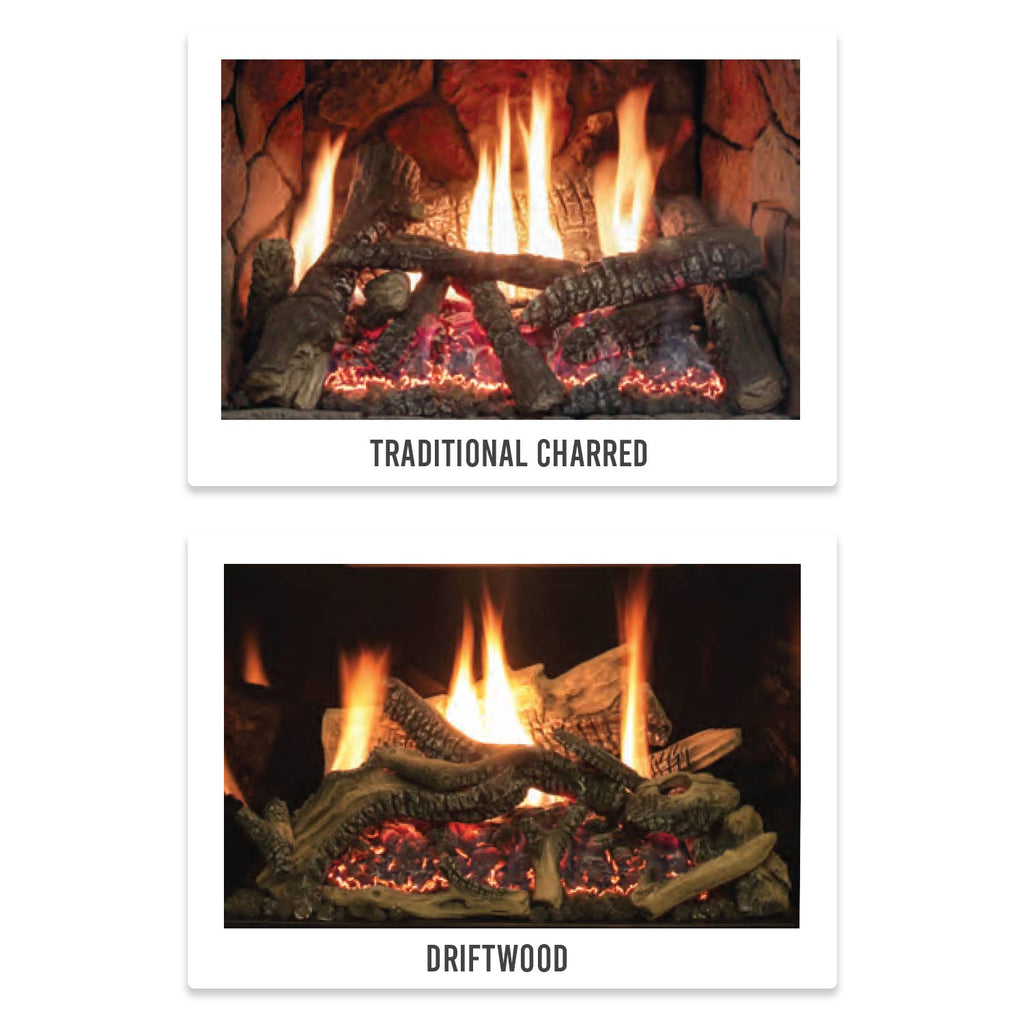 Charred log set fireplace media options with glowing flames