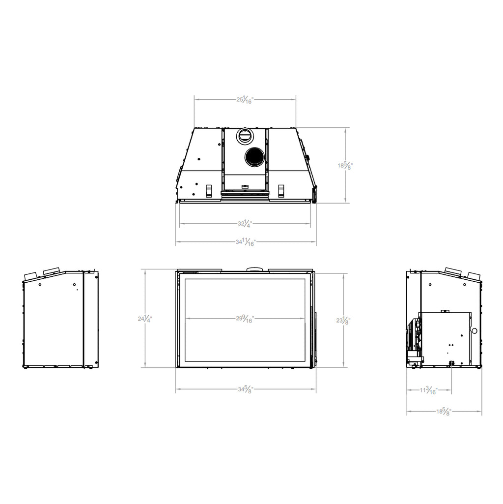 Gas fireplace insert dimension diagram with top, front, and side views