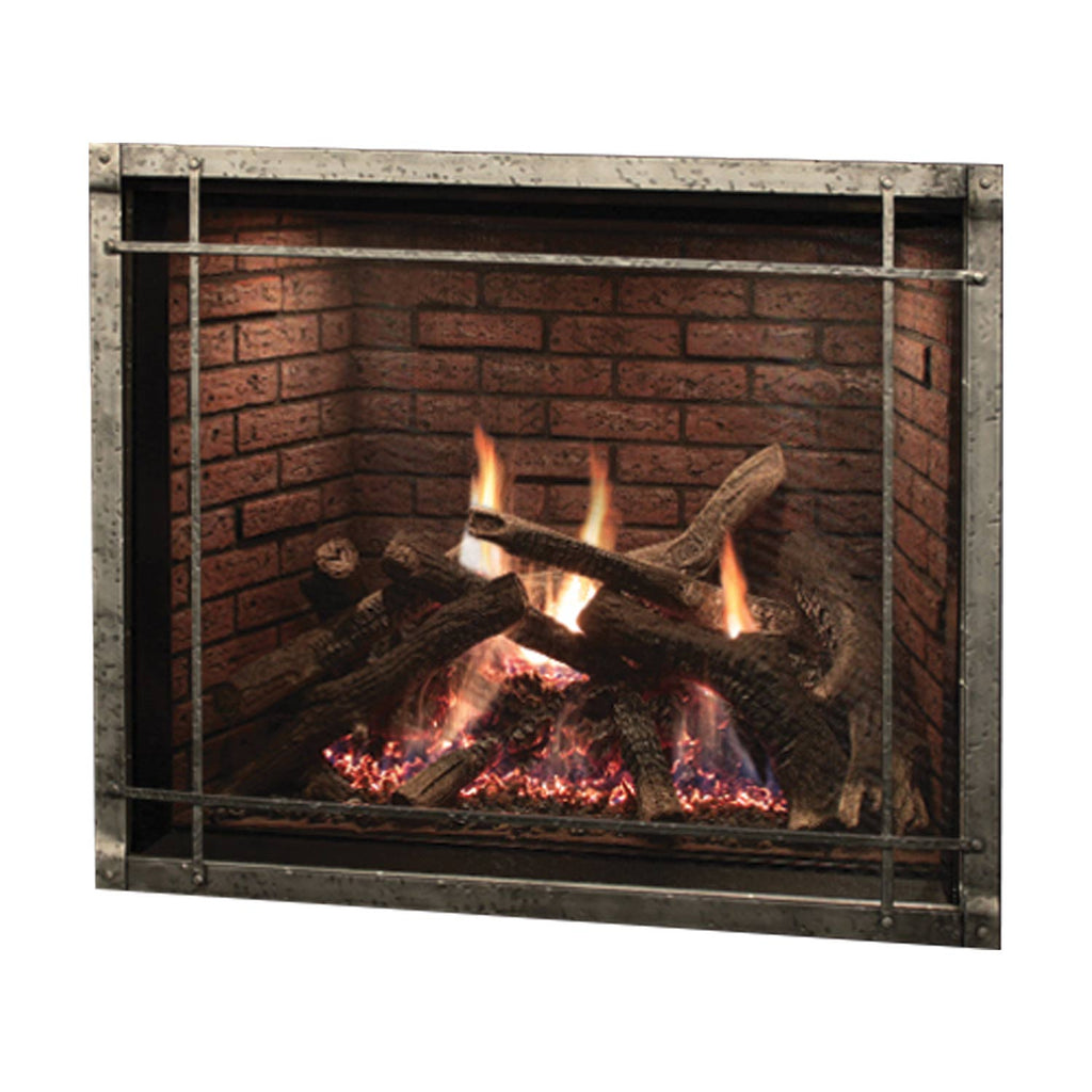 Direct-vent fireplace with black glass front and burning logs in rustic brick surround