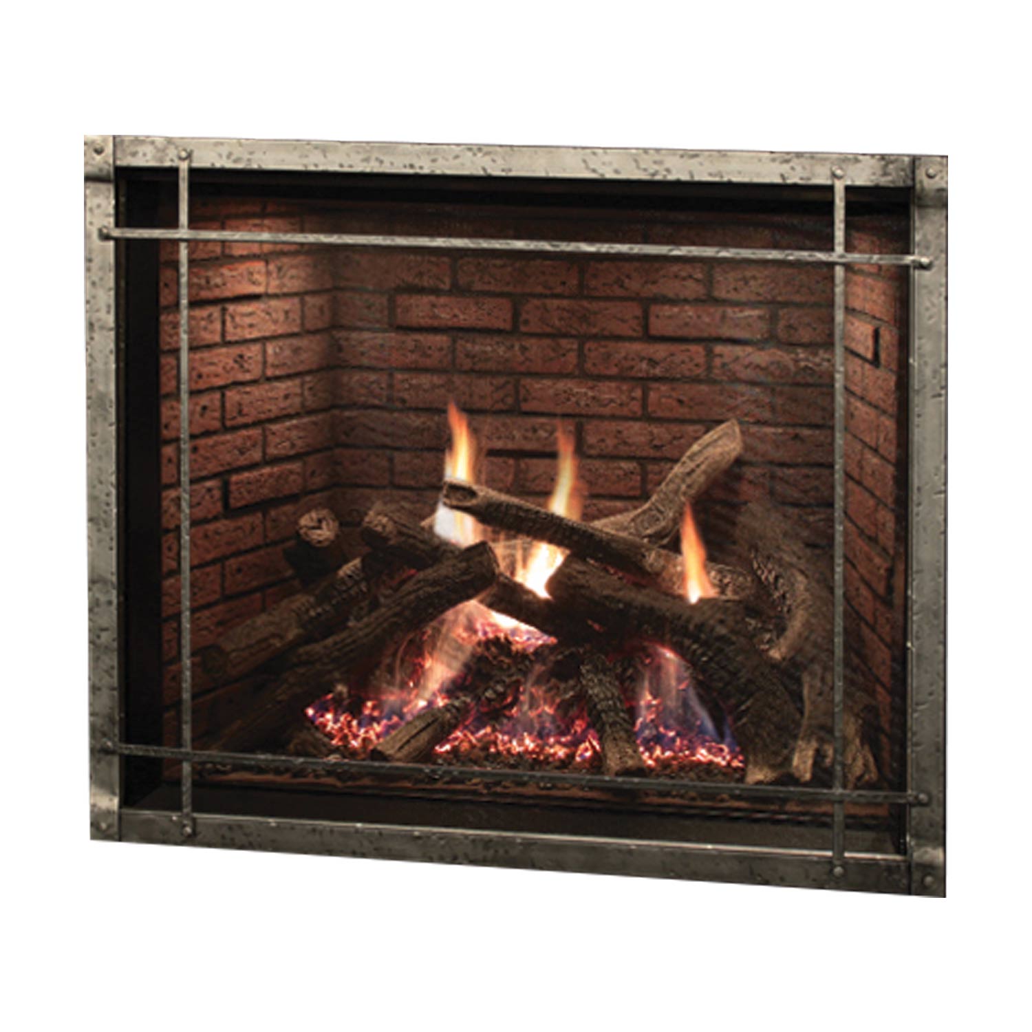 Direct-vent fireplace with black glass front and burning logs in rustic brick surround