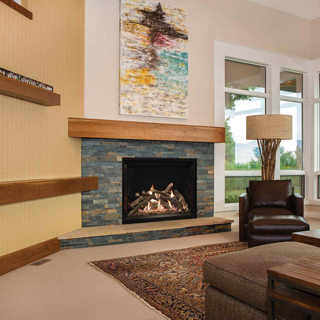 Direct-vent fireplace with black firebox and stone surround, logs burning