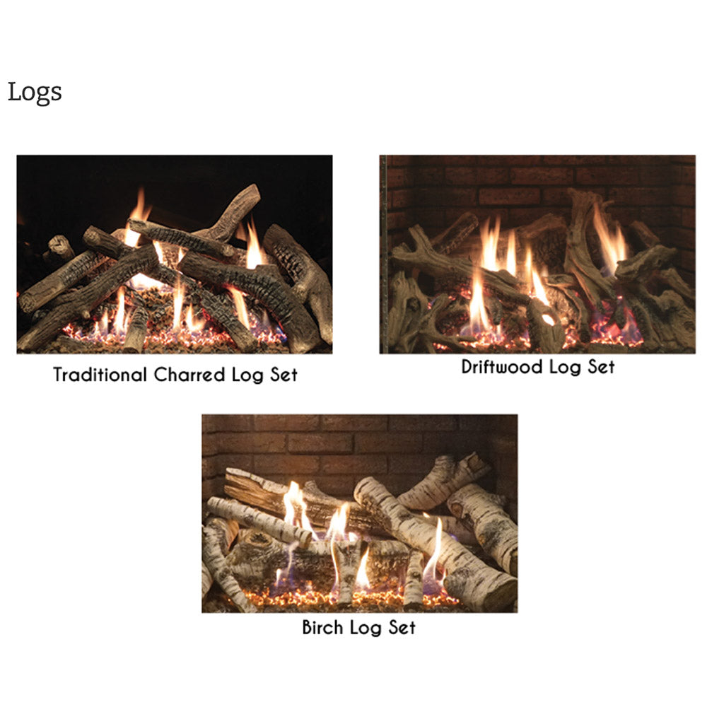Fireplace log set samples: charred, driftwood, and birch logs with flames