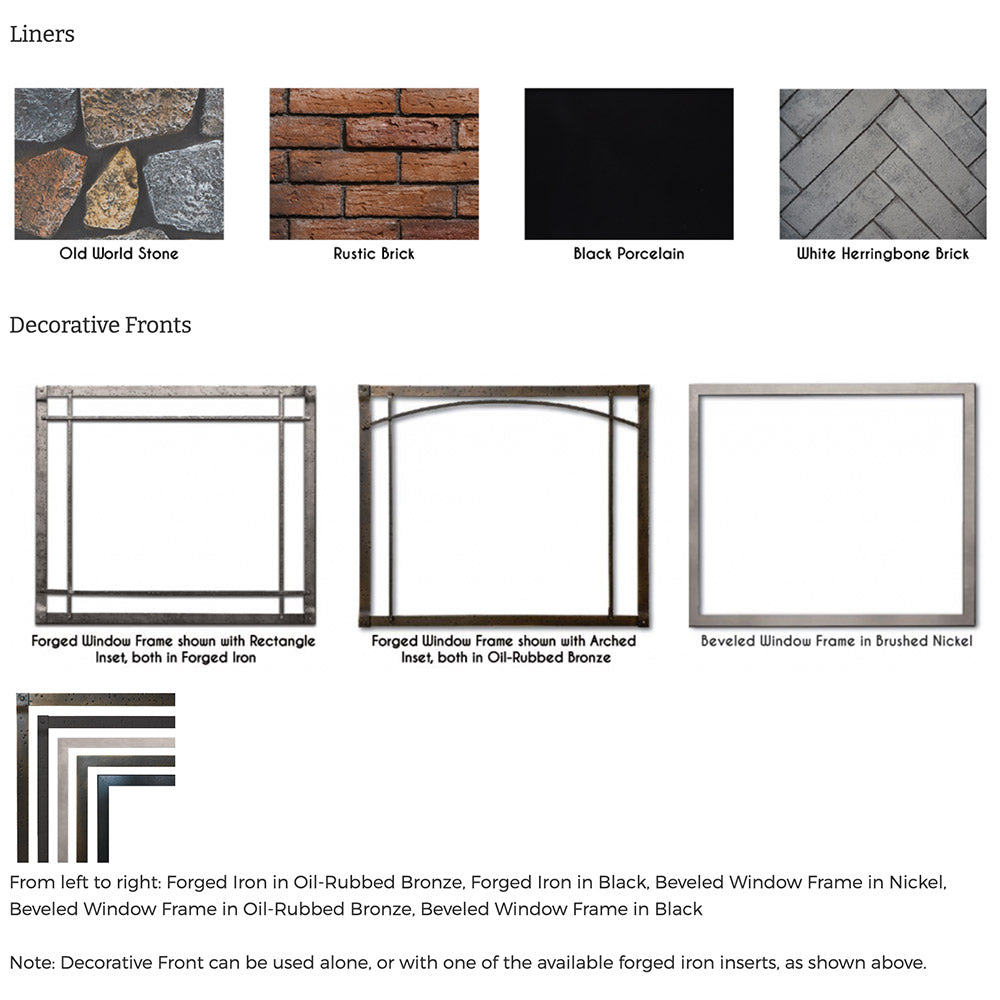 Fireplace liner and decorative front swatches: stone, brick, black, and white