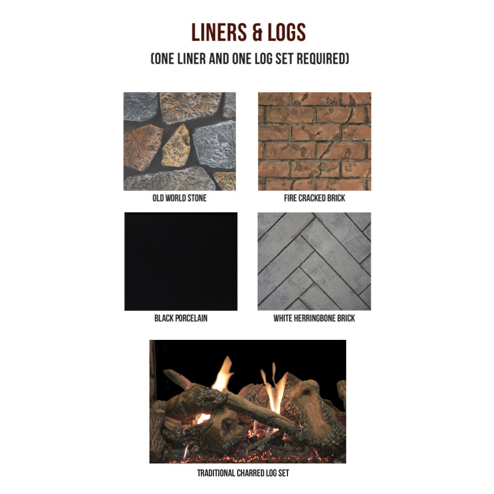 Liners and log set options graphic with fire cracked brick, black porcelain, and logs