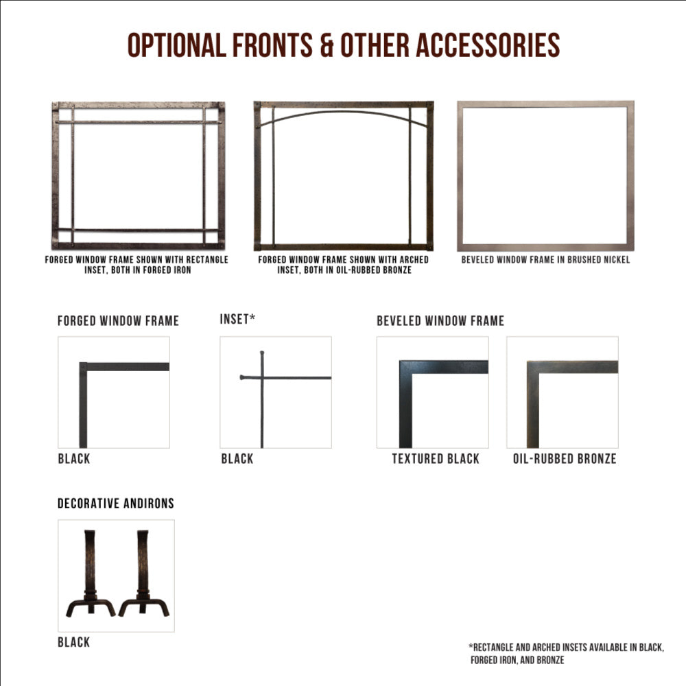 Optional fireplace front frames and accessories, including black and bronze inset styles