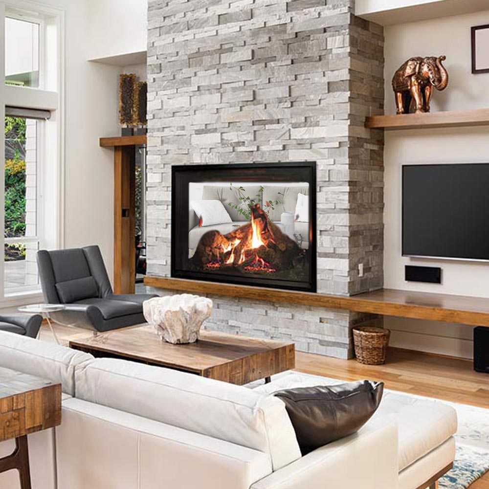Direct vent fireplace with burning log set and clean-face glass front
