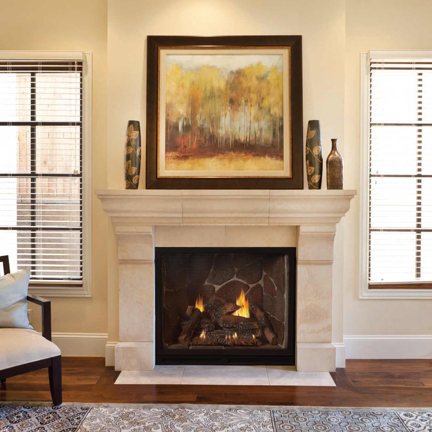 Luxury gas fireplace with white mantel and dark glass-front firebox, burning logs