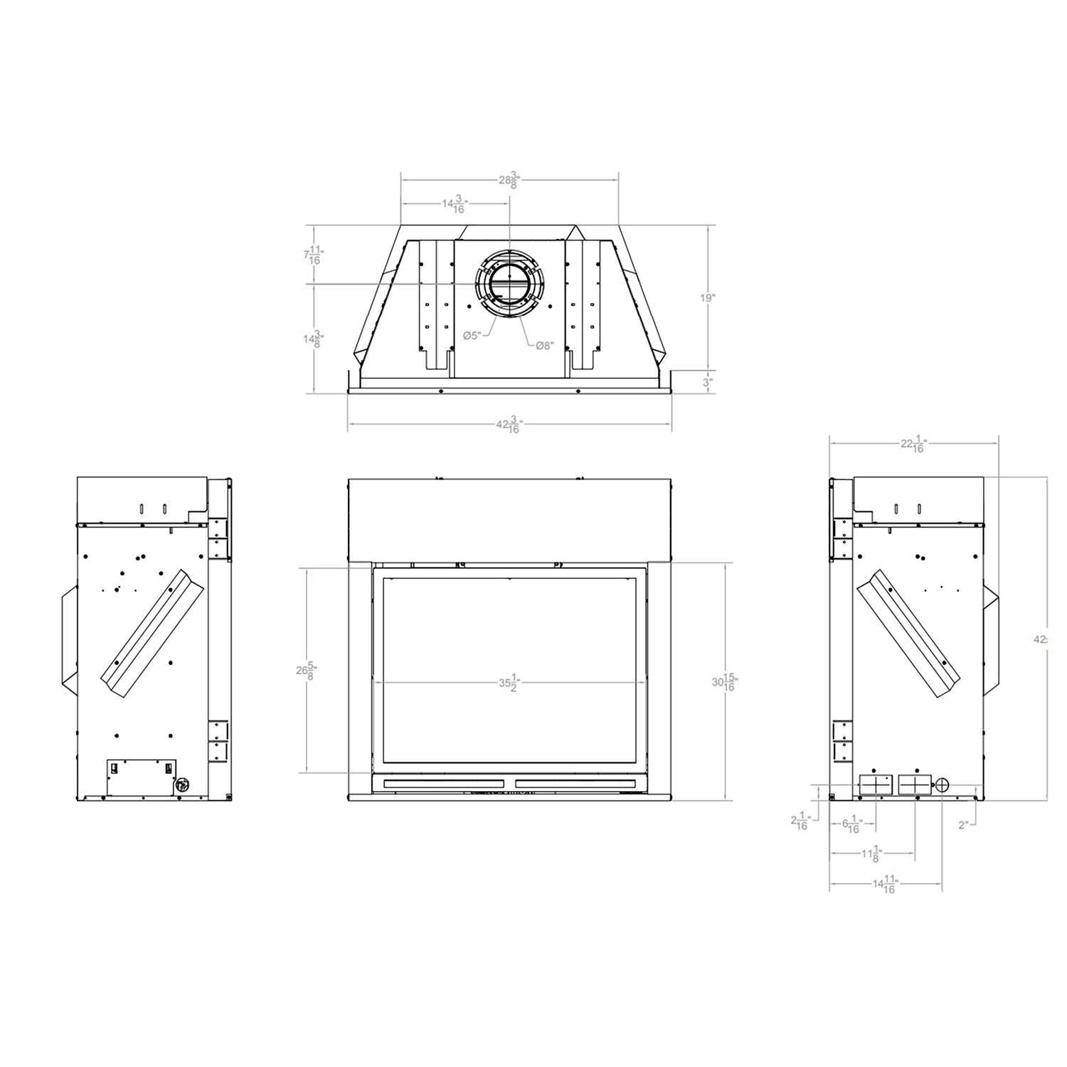 Gas fireplace dimensions diagram with side, front, and top technical views