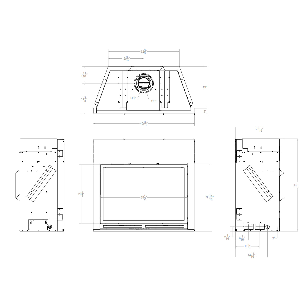 Technical dimension diagram for direct vent gas fireplace firebox and front