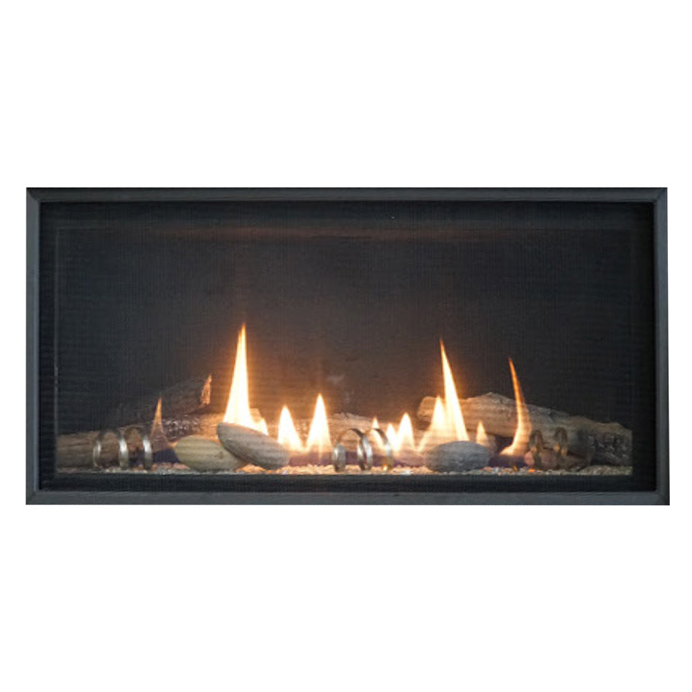Direct vent fireplace insert with clear crushed glass bed and glowing flames
