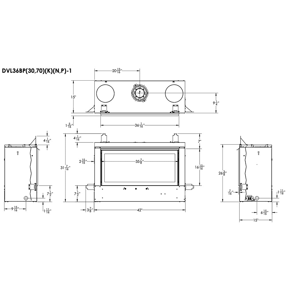Technical dimension diagram for direct vent fireplace insert with control panel