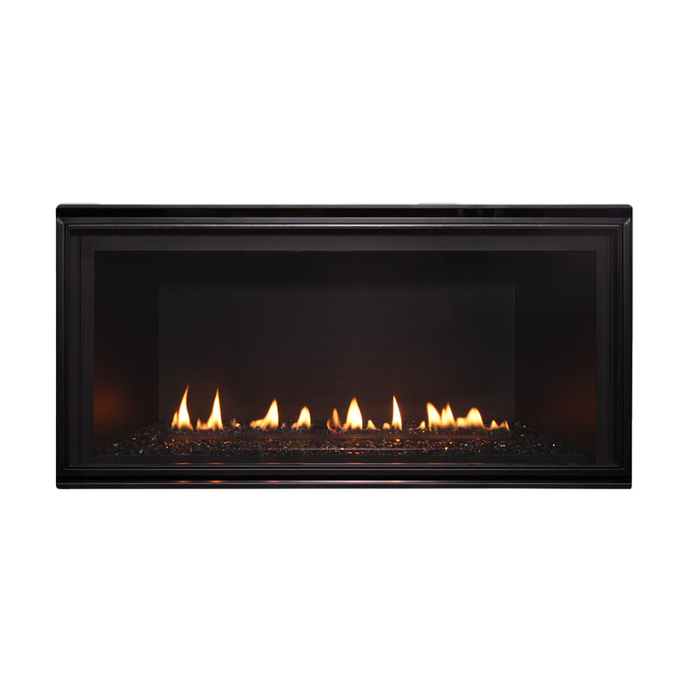 Black linear gas fireplace with glass front and visible flames