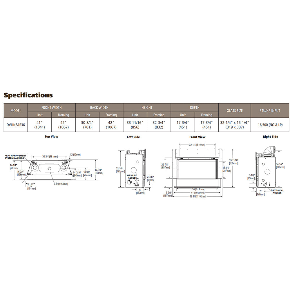 Technical specifications diagram for linear gas fireplace, side and front views