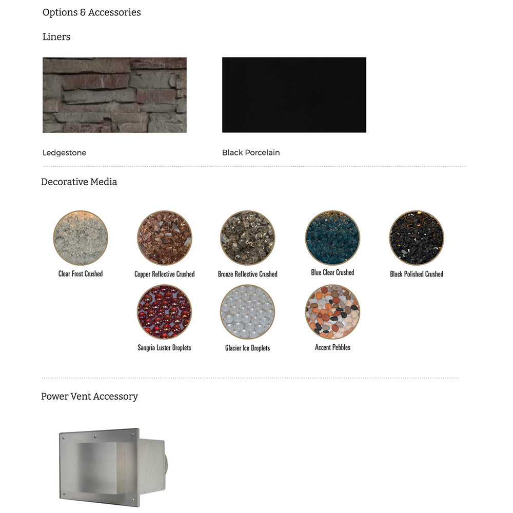 Accessory options panel showing liner and decorative media color tiles