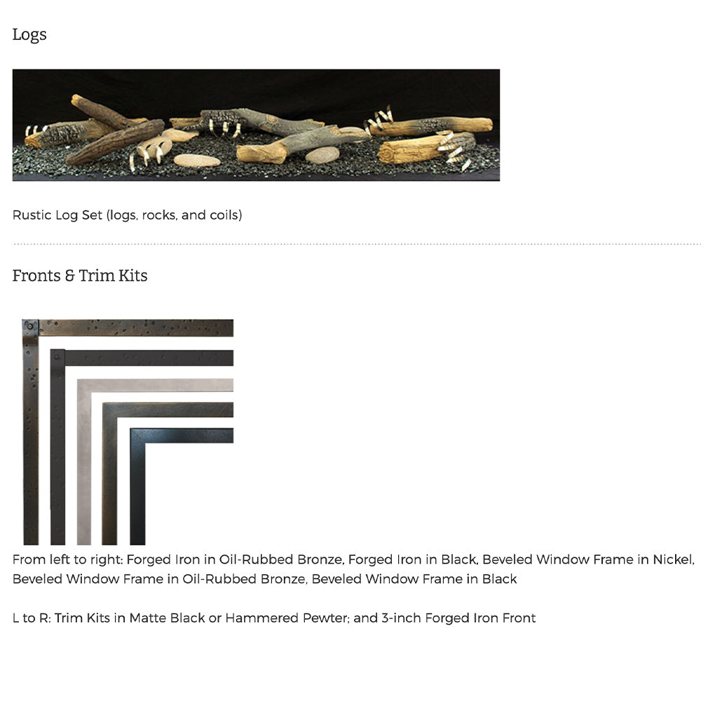 Rustic log set for linear gas fireplace with logs, rocks, and decorative coil pieces