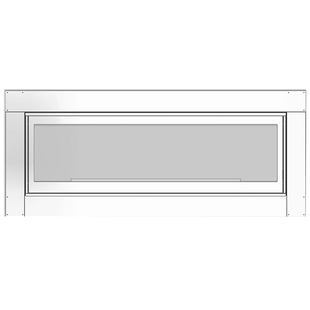 Linear direct-vent fireplace insert with metal outer frame and glass opening