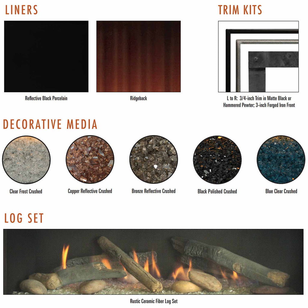 Decorative media and trim kit color options chart for a linear fireplace