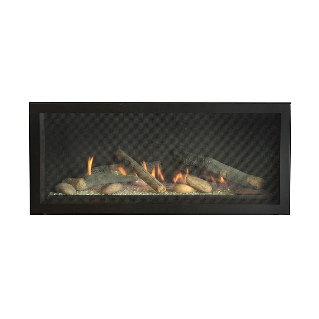 Black linear direct-vent fireplace with burning logs and dark glass firebox surround