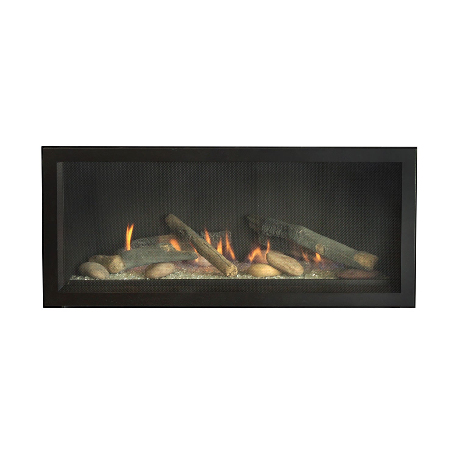 Black linear direct-vent fireplace with burning logs and dark glass firebox surround