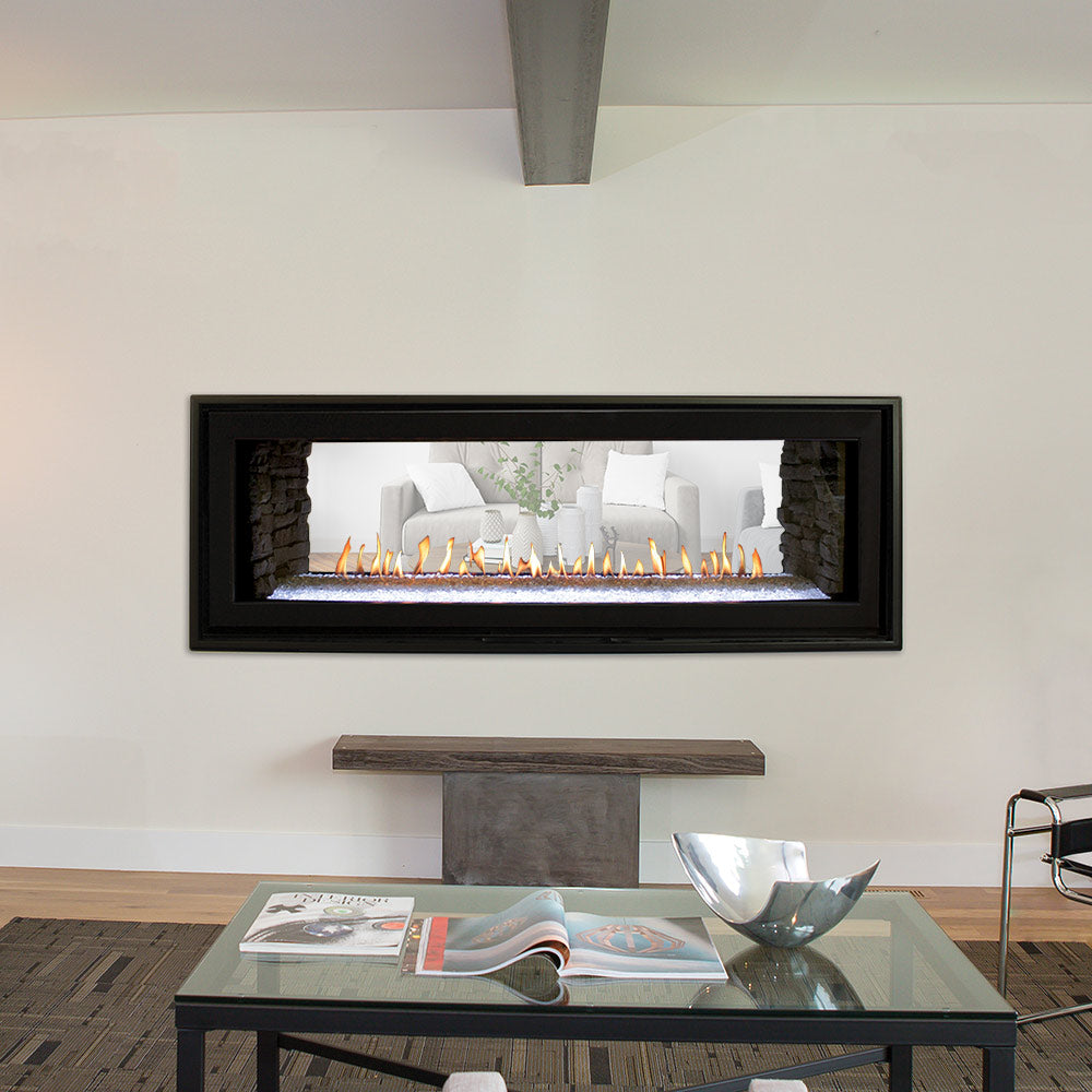 Wall-mounted black linear fireplace with flames behind glass