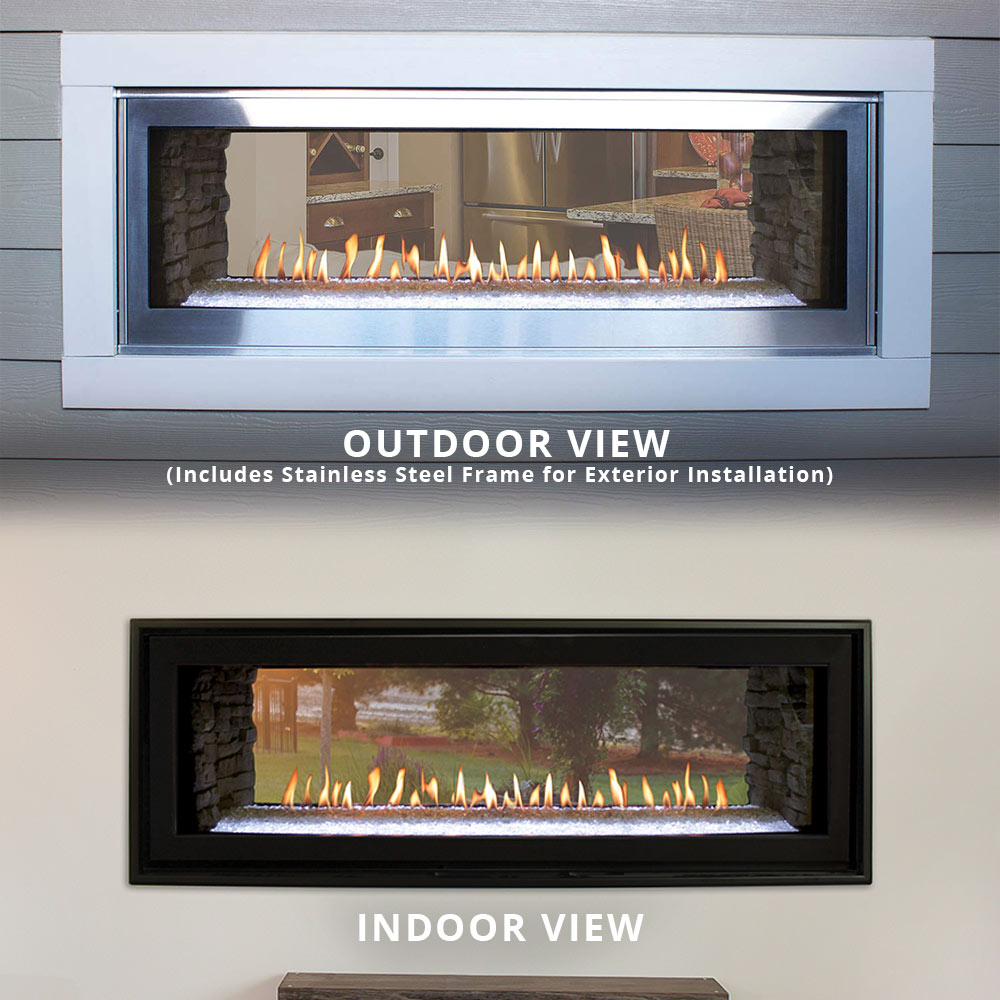 Dual-view linear gas fireplace with flames; outdoor and indoor glass panels in metal trim