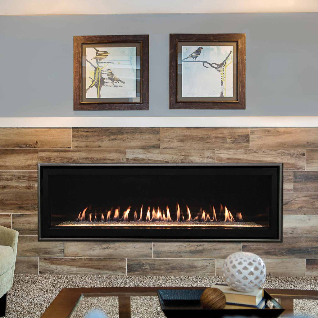 Linear direct vent fireplace with glowing flames in black opening