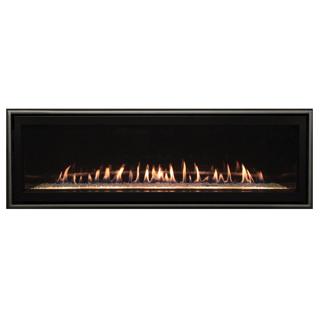 Linear direct vent fireplace with glowing flames and black frame