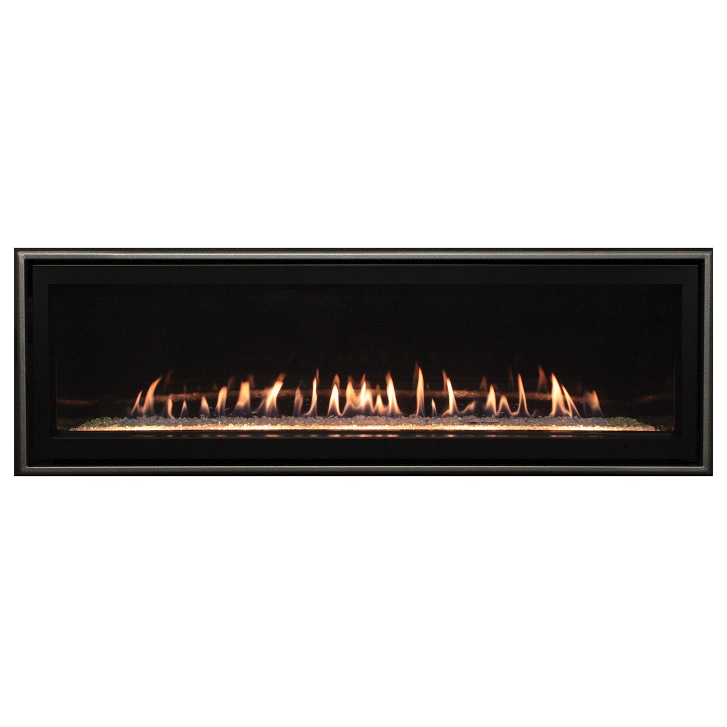 Linear direct vent fireplace with glowing flames and black frame
