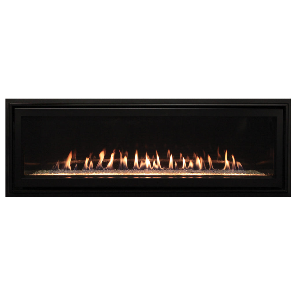 Linear direct-vent fireplace with black frame and burning flame view through glass