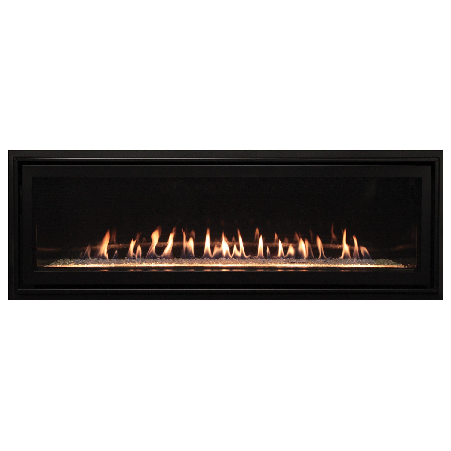 Linear direct-vent fireplace with black frame and burning flame view through glass