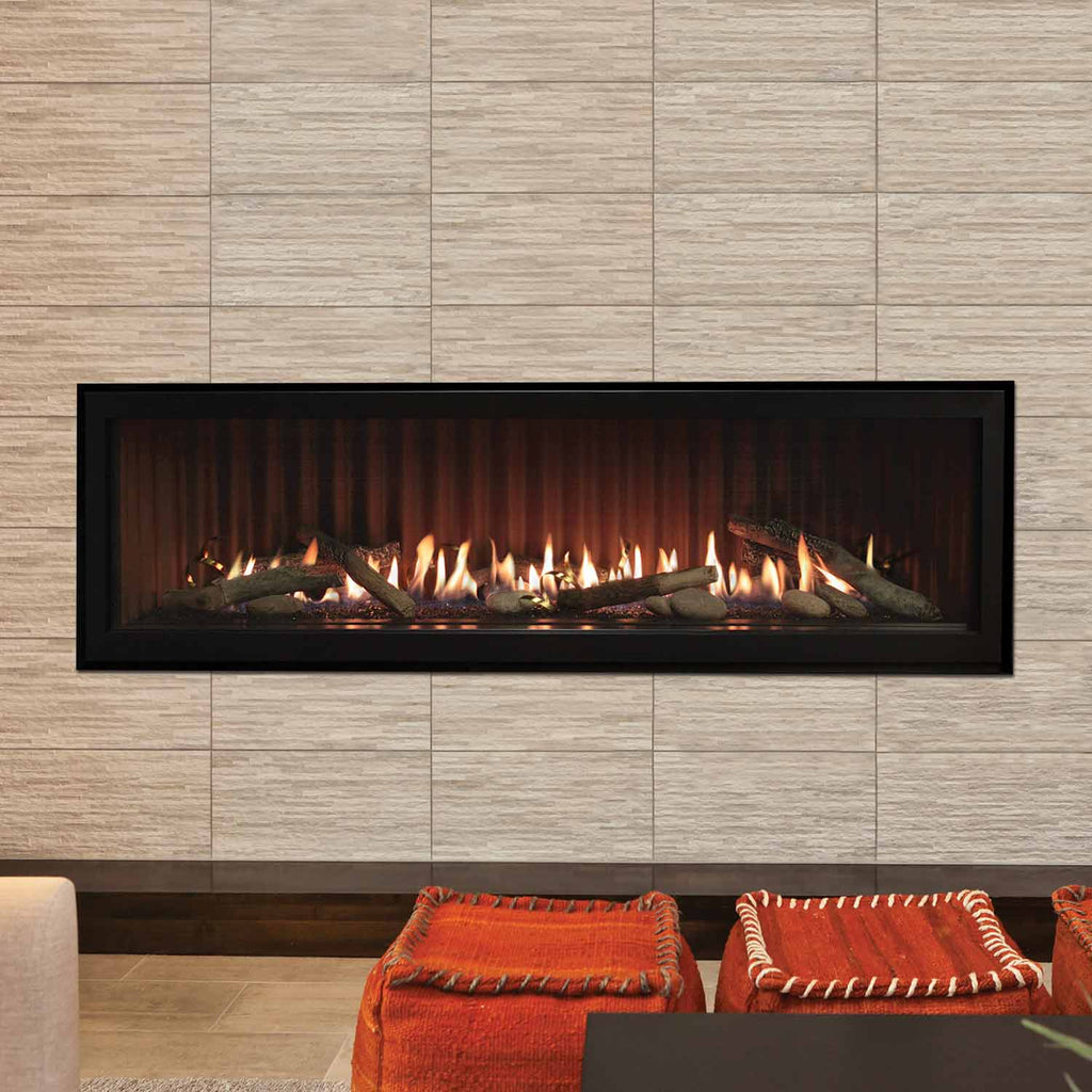 Linear direct vent fireplace with flames behind black surround