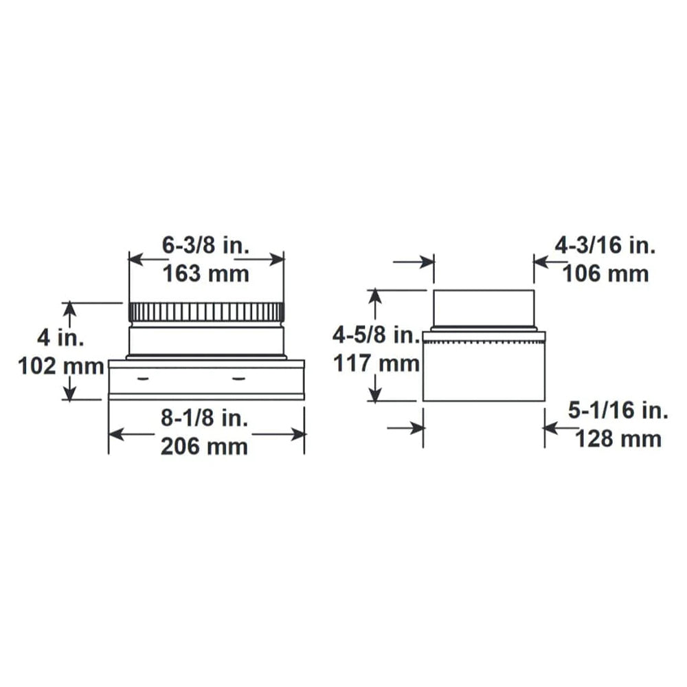 Adapter technical diagram with top and bottom couplers and labeled dimensions in inches