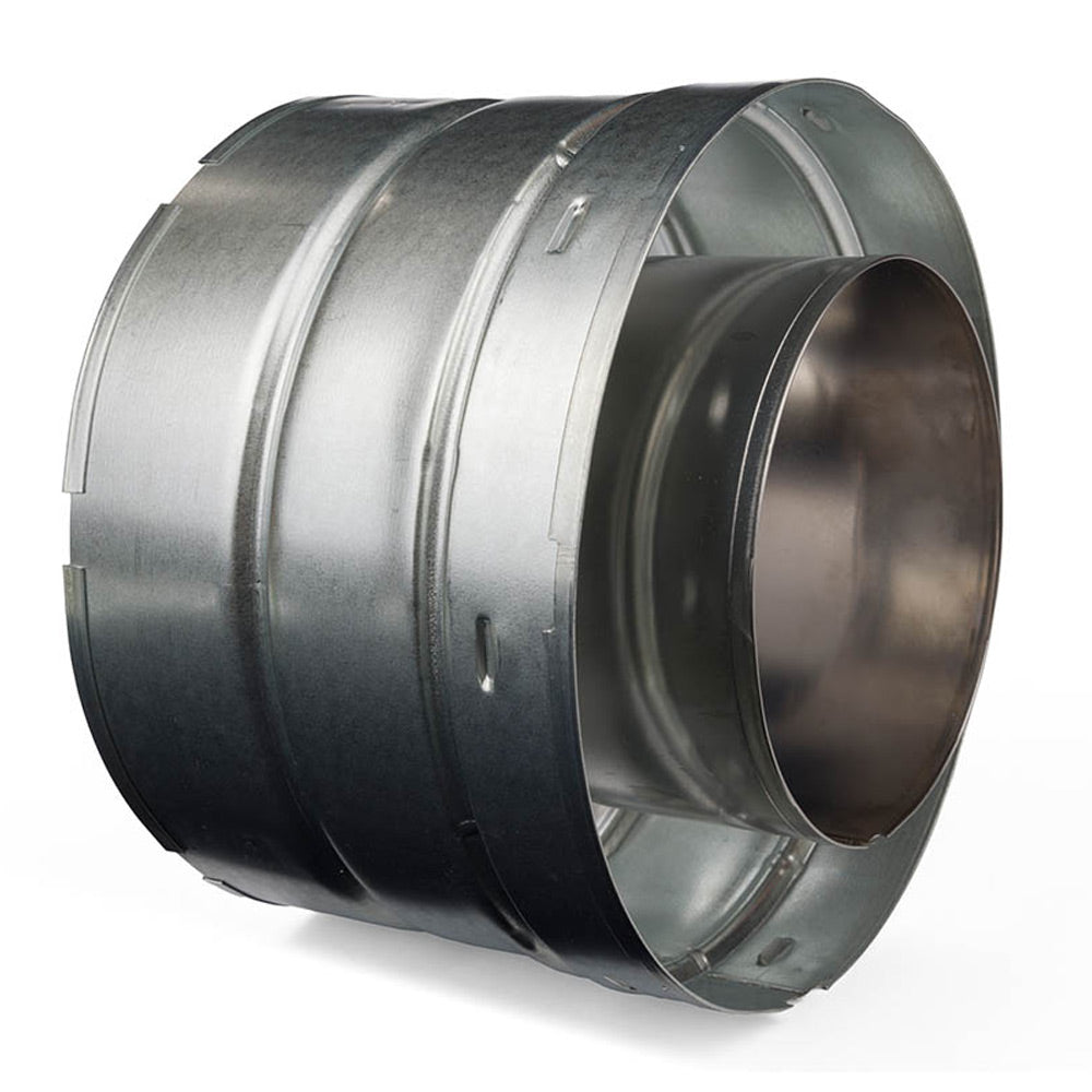 Double wall stove pipe section with circular open end and dark metal outer shell