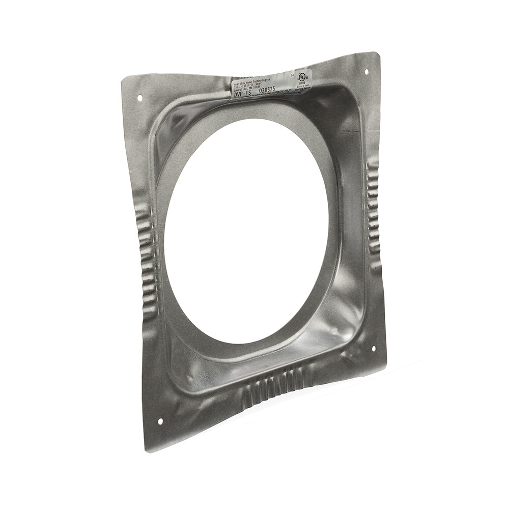 Metal ceiling firestop plate with round opening and vent ridges, gray finish