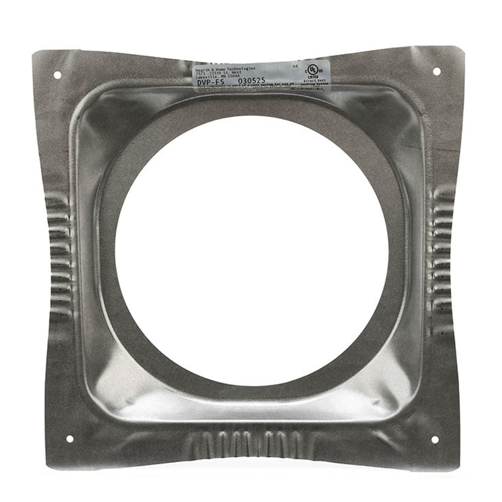 Metal ceiling firestop plate with round cutout, gray, with stamped rim and label
