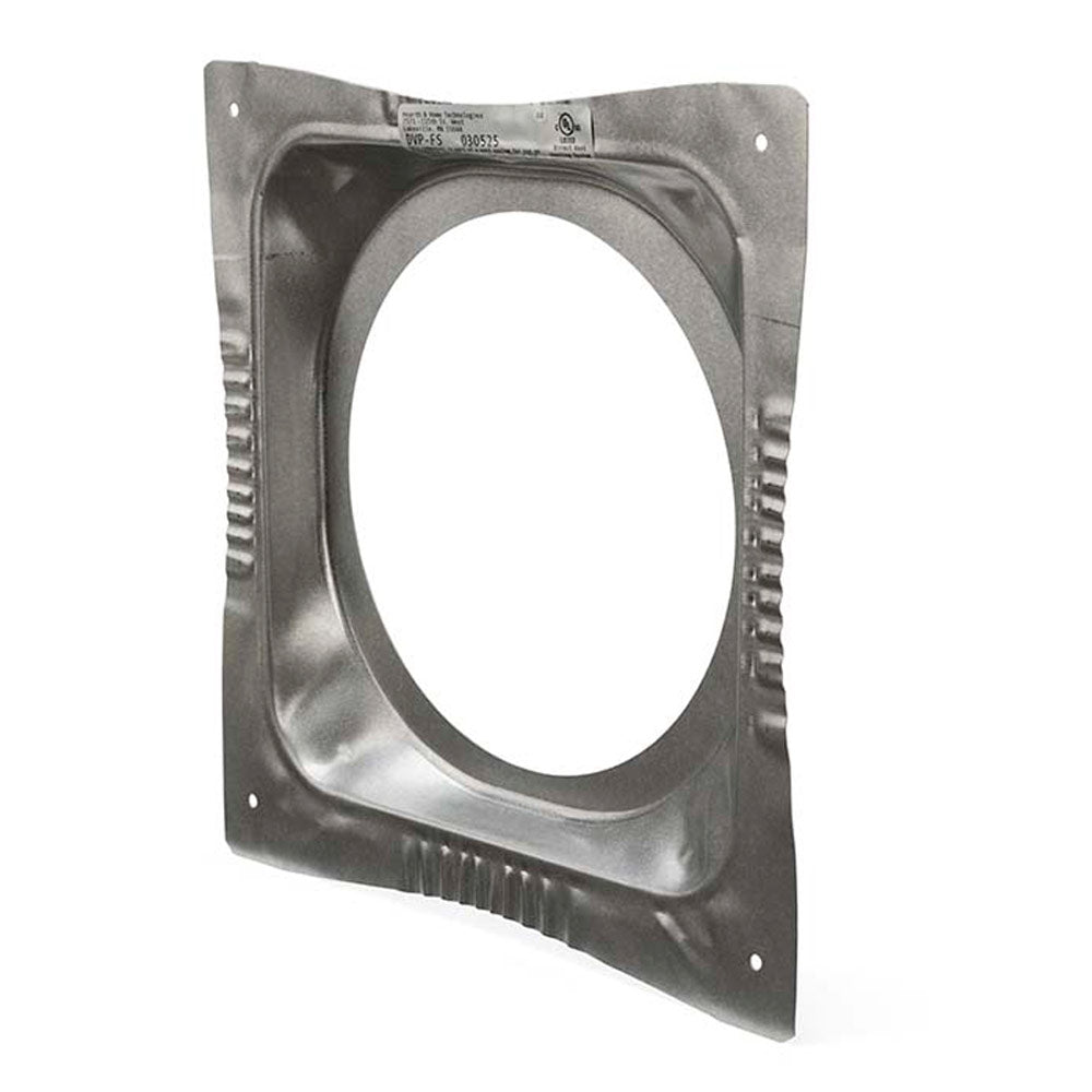 Metal ceiling firestop plate with circular opening, gray, angled view showing side ridges