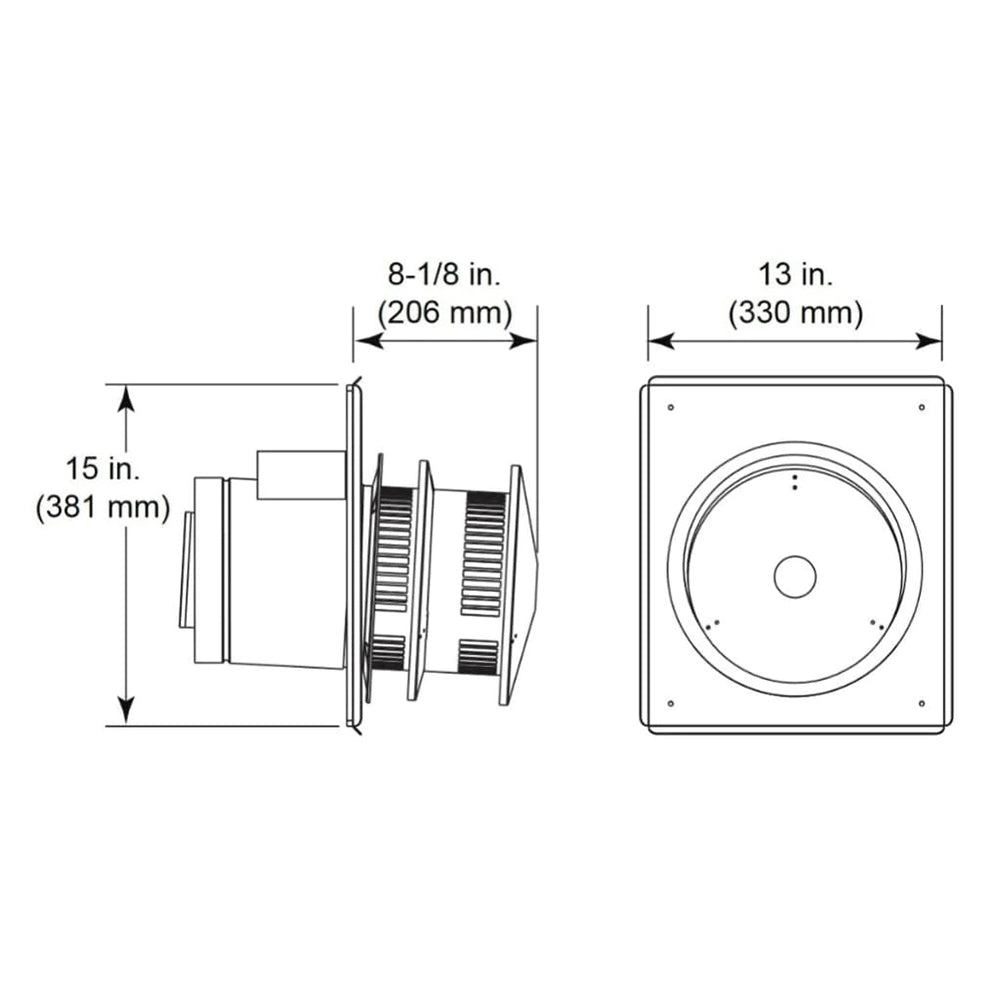 Vent termination cap size diagram: 13 in. base and 15 in. height