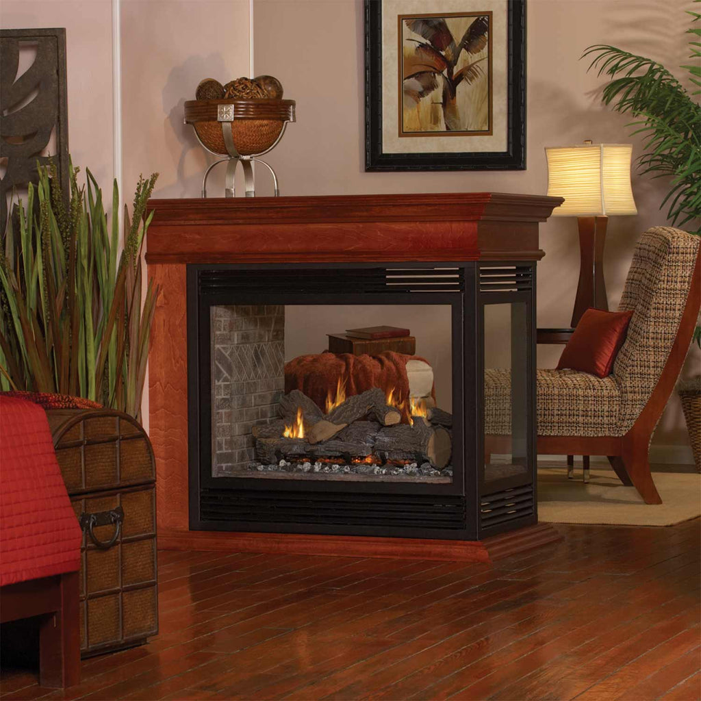 Black direct vent gas fireplace peninsula with decorative louver grille and flame view