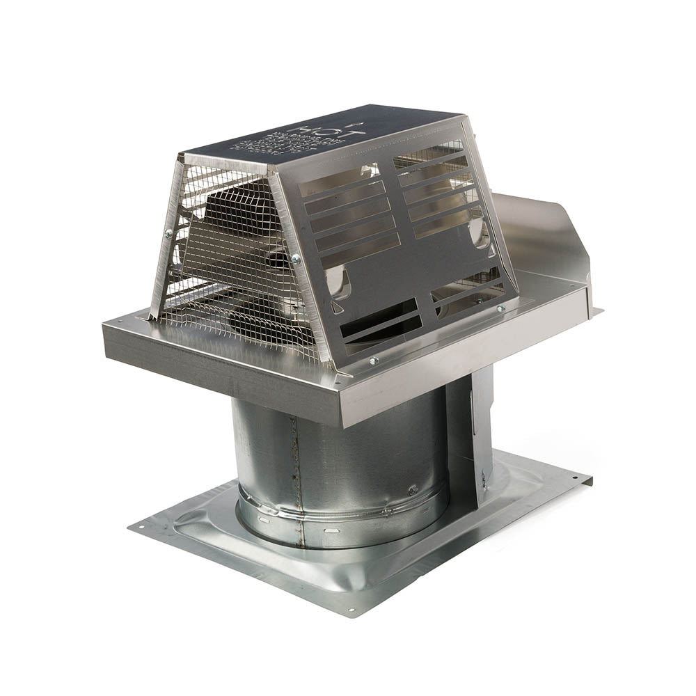 Chimney termination cap with wire mesh guard and rectangular metal base, gray