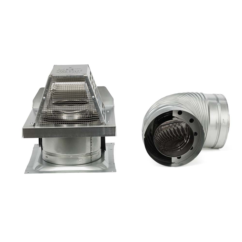 Vent termination kit with wire mesh cap and corrugated duct elbow outlet