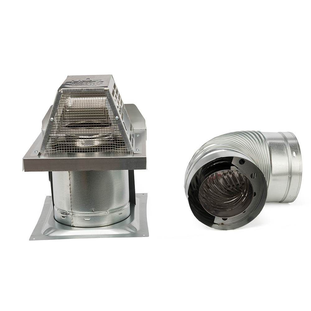 Horizontal termination kit with long flue parts, flanged duct and mesh fire screen