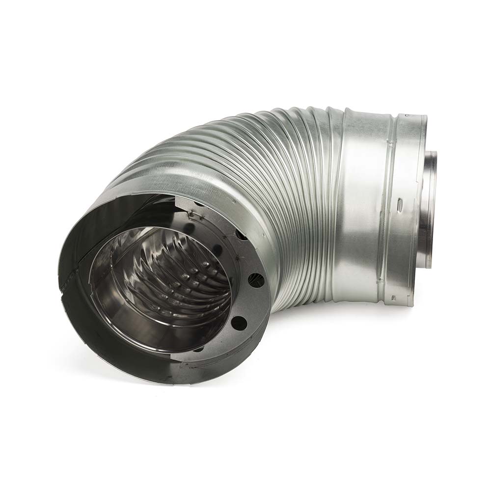 Long flexible flue duct section with elbow bend and circular inlet flange, metal
