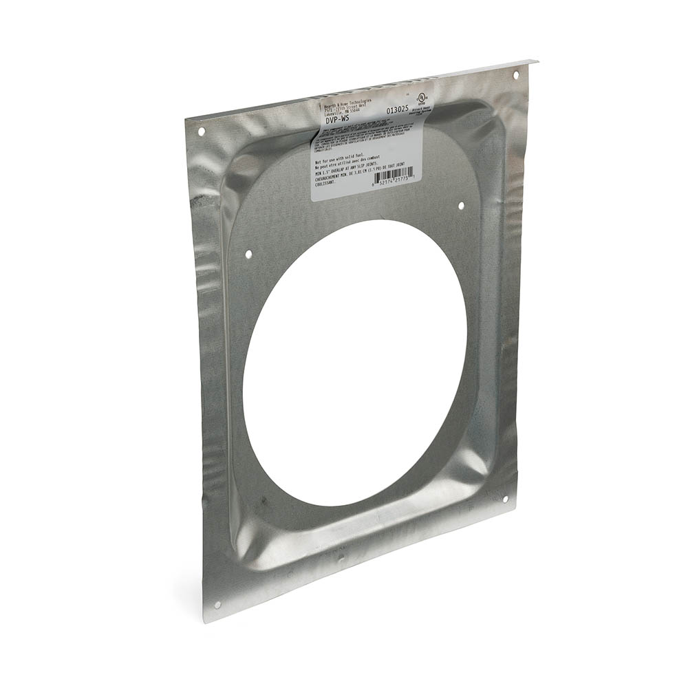 Wall firestop opening plate with circular hole, tilted view, galvanized steel flange
