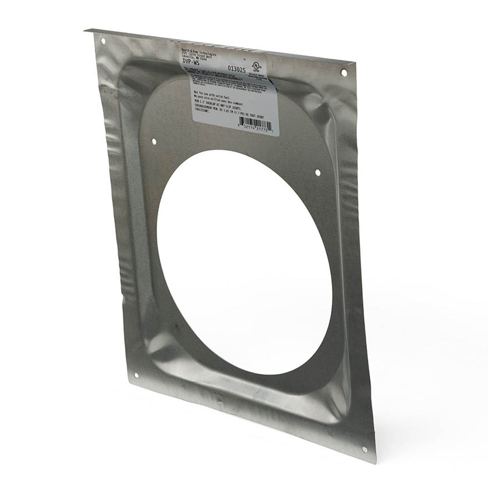 Wall firestop opening plate with circular hole, angled view, galvanized steel frame
