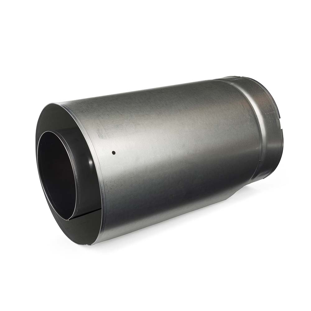 Slip section pipe in galvanized metal with wide open ends and black end caps