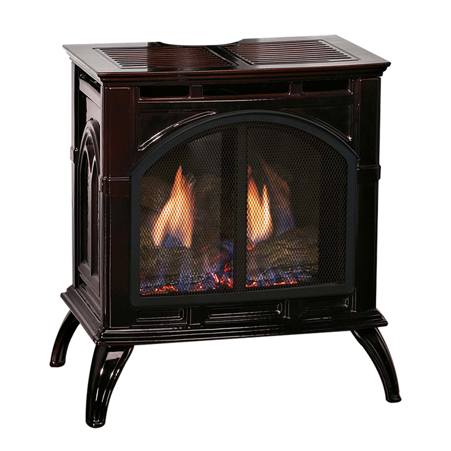 Dark cast iron direct-vent stove with glass doors and flames, with top vent pipe.