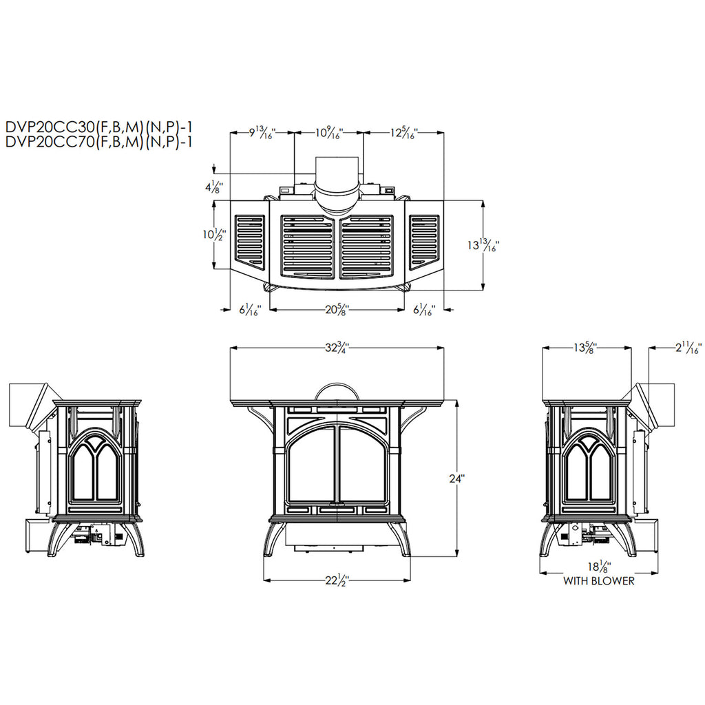 Direct-vent cast iron stove dimension diagram, front view and side view with blower.