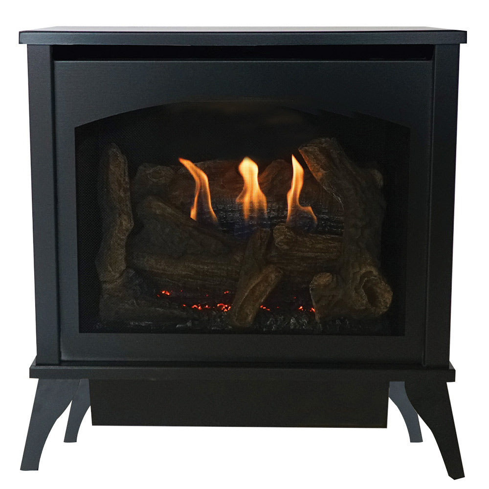 Black steel direct-vent stove with burning log set behind glass front