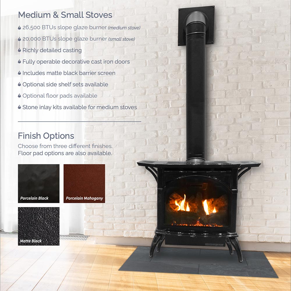 Black cast iron direct-vent stove with glass firebox, flue pipe, and burner screen